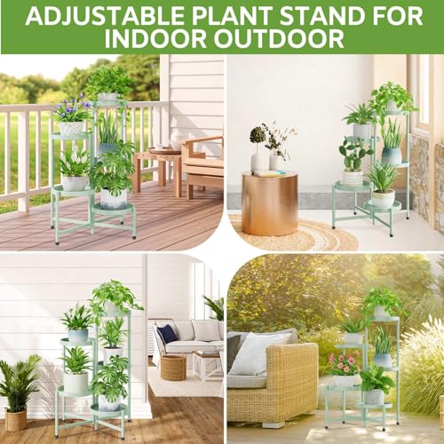 Image of iDavosic.ly 5 Tier Large Plant Stand Indoor, 10 Inch Wide Corner Tall Metal Plant Stands Outdoor for Multiple Plants, Folding Tiered Flower Display Holder Rack Shelf, Light Green
