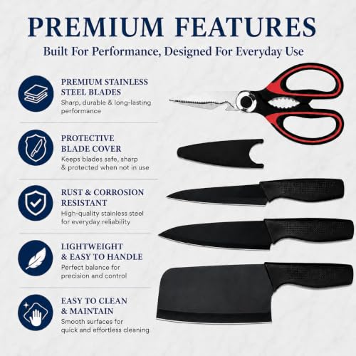 Image of SNMMIFER Kitchen Knife Set with Multipurpose Kitchen Scissors, 4 Pcs Black Stainless Steel Knife Set for Cutting, Chopping, Slicing & Food Preparation Knife Set (Knife + Scissor)