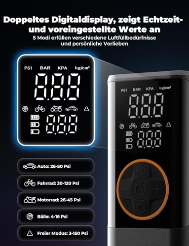 Oasser Elektrische Luftpumpe Dualer Anzeige 10,3 Bar Akku Fahrradpumpe – Ansicht 4