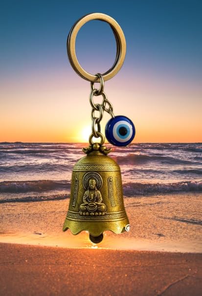 Image of Golden Guardian Bell With Evil Eye Charm - Biker Luck with Safety Message Keyring - Gift for Husband, Boyfriend, Dad, Brother - Birthday, Rakhi