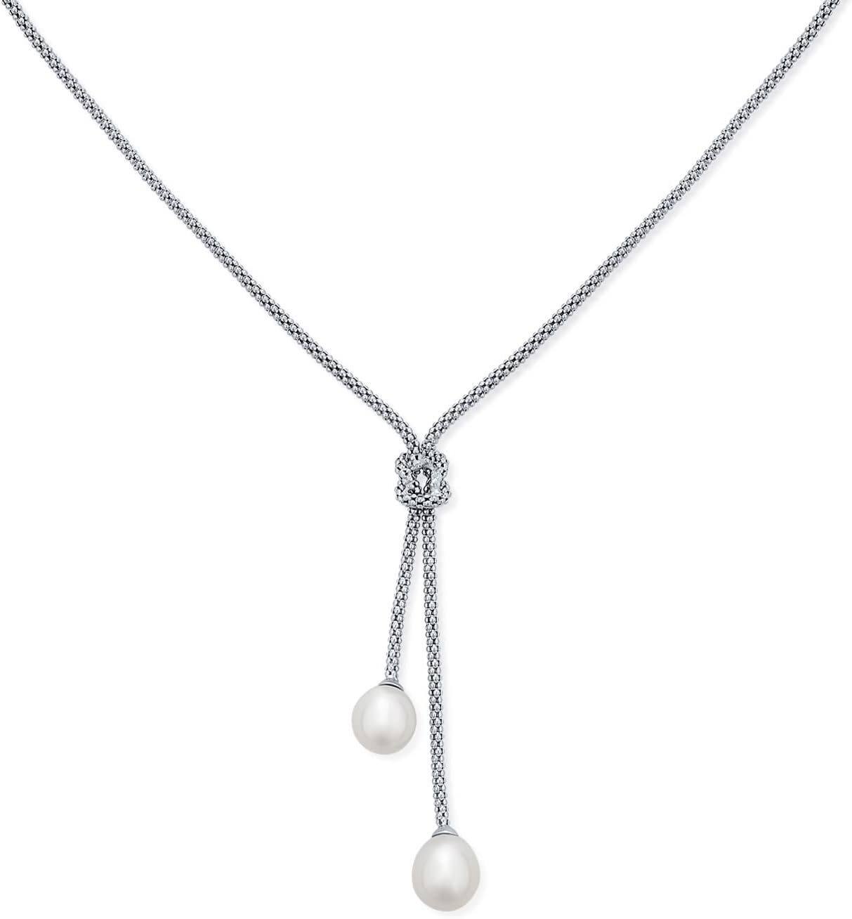 Nautical Bride CZ Beach Destination Wedding White Simulated Pearl Necklace Lariat Pendant For Women Bridesmaids .925 Sterling Silver