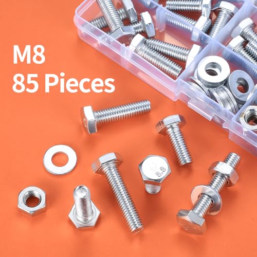 85 Stück M8 Schrauben Set, Sechskantschrauben Muttern Set, Gewindeschrauben Set, Maschinenschrauben Sortiment mit Unterlegscheiben Set, Sechskantkopfschrauben und Muttern Set
