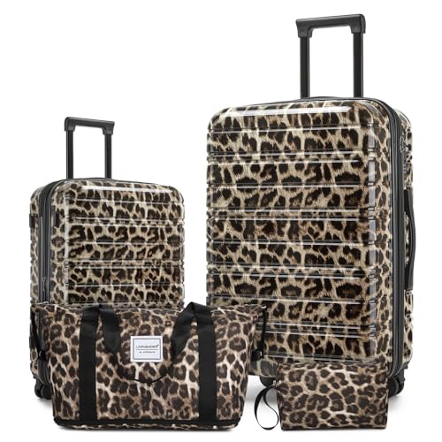 LARVENDER Luggage Sets 4 Piece Expandable Suitcase Cheetah