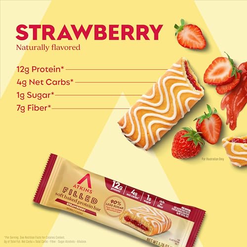 Image of Atkins Soft Baked Bar, Strawberry Filled Flavor, 12g of Protein, 4g Net Carbs, 24 Count