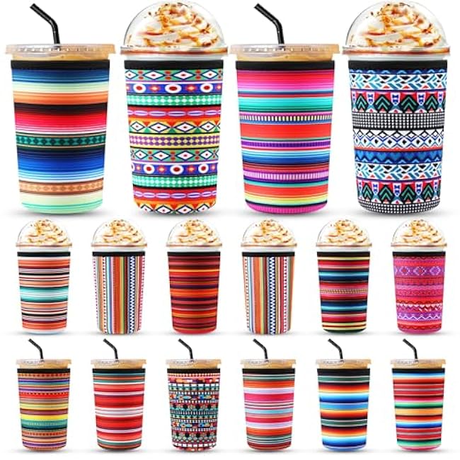 16 Pcs Iced Coffee Cup Sleeves Bulk 22-24 oz Reusable Drink Cup Sleeve Neoprene Insulator Tumbler Holder for Cold and Hot Beverages Soda, Color Stripes