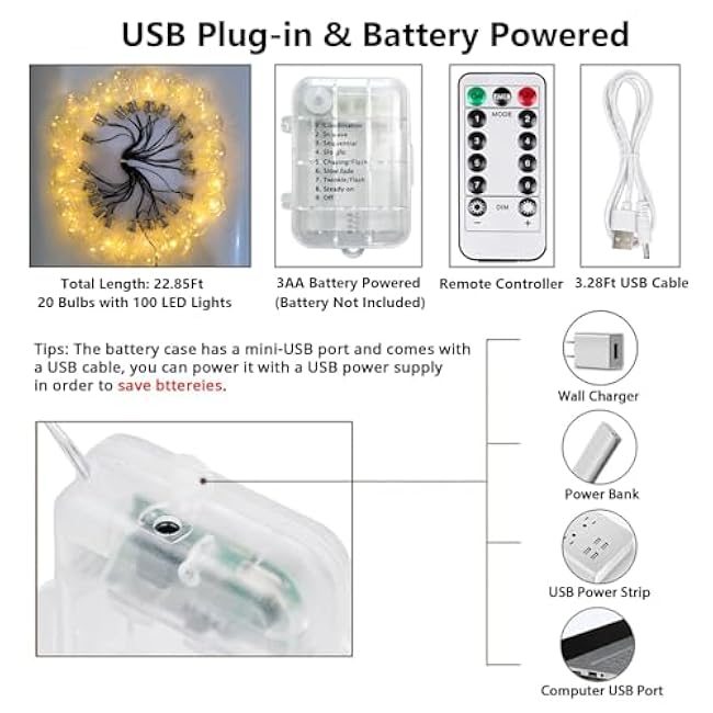 Battery Operated Outdoor Lights 22.85FT 20 Edison Bulb String Light Outdoor 100 LED Fairy Lights with Timer & 8 Modes, Warm White Indoor String Light for Wedding Patio Balcony Christmas Camping Decor