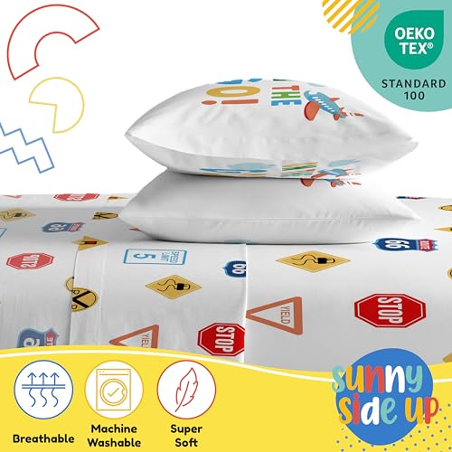 Image of Sunny Side Up On The Go Full Sheet Set - 4 Piece Kids Bedding Set Includes Pillow Cover - Super Soft Vehicles Microfiber Sheets
