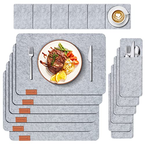 Qhecomce Manteles Individuales [Juego de 18] Manteles Individuales de Fieltro, 6 Salvamanteles Individuales + 6 Posavasos+6 Bolsas Portacubiertos, Lavable, para Comedor, Cocina ( 45x30cm)-Gris Claro Cover