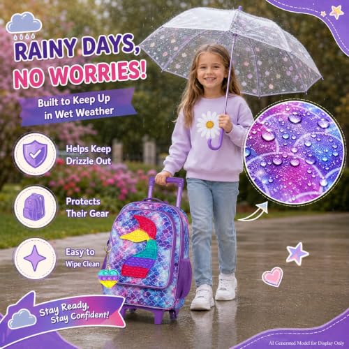 Image of Rolling Backpack for Girls and Boys,Unicorn Mermaid Dinosaur Roller Backpacks Set with Wheels for Kids, Fish Rolling Purple, One Size, Fish Rolling Purple