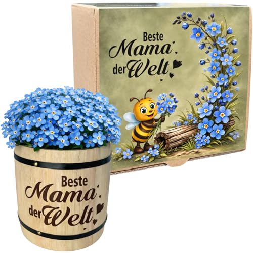 KRONLY Anzuchtset Beste Mama der Welt mit Vergissmeinnicht Blumensamen, Holzfass mit Anzuchttopf und Quelltabletten Erde, Geschenk für Muttertag