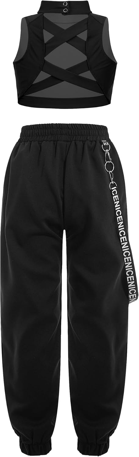 Kids Girls Hip Hop Dance Outfit Crop Tank Top with Chain Pocket Pants Jogger Athletic Sports Suit