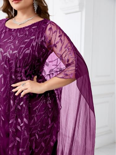 Image of Plus Size Sparkly Formal Evening Gown Sequin Cape Overlay Mother of Bride Dress Wedding Guest Cocktail Party
