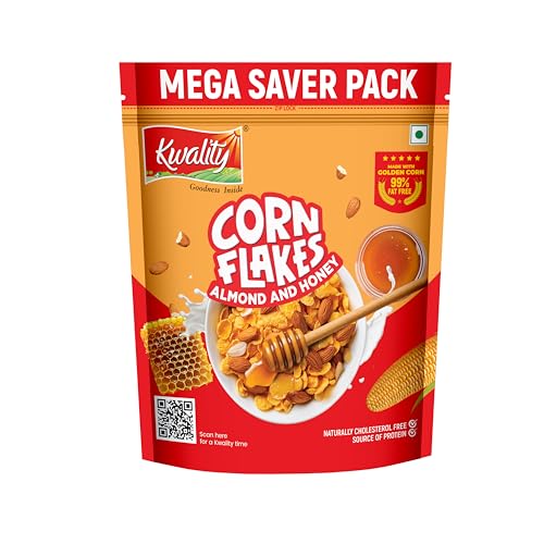 Image of Kwality Corn Flakes with Almond & Honey 1kg | Made with Golden Corns | 99% Fat-Free | High in Protein, Zero Cholesterol | Healthy Breakfast Cereal
