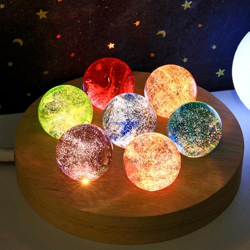 Image of JOJOCY 7 Handcrafted Glass Ball Night Light, 7-Color Energy Crystal Balls with Beechwood Lamp Base, Home Office Desktop Decoration for Meditation & Gifts
