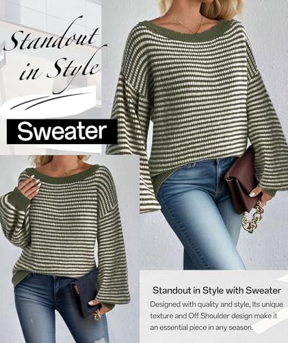 Image of MARZXIN Women's 2026 Fall Long Sleeve Sweaters Casual Loose Striped Off Shoulder Casual Oversized Knitted Sweater Pullovers