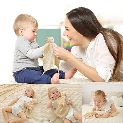 Vicloon Schmusetuch, Kuscheltuch mit Hase-Köpfchen,Doppellagiger Tüll aus 100% Bio-Baumwolle,Baby Geschenk zur Geburt Junge & Mädchen-Beige