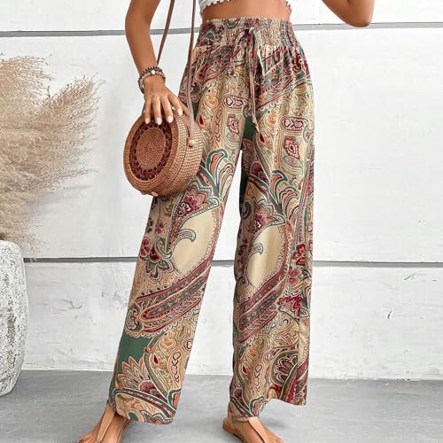 Boho Palazzo Pants for Women Drawstring High Waisted Print Loose Wide Leg Pants Flowy Casual Baggy Beach Pants3