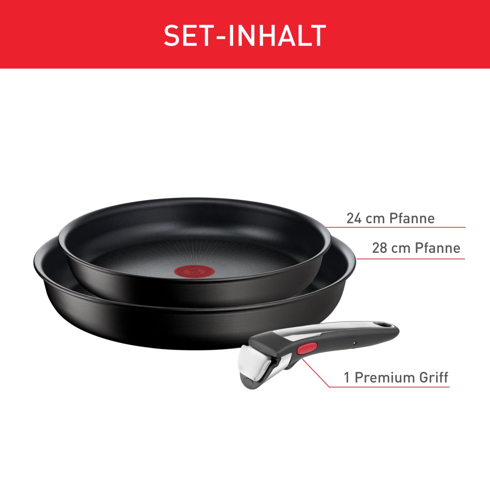 Tefal Ingenio Unlimited On 3-teiliges Pfannenset abnehmbarer Griff, 24/28 cm, platzsparend, stapelbar, Pfannenset Induktion mit Antihaftversiegelung, einfache Handhabung und Reinigung, L39591