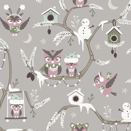 VmG-Store 1 m Cotton Fabric for Sewing 100% Cotton Sewing Fabric, No Sold by the Metre, Children's Fabric (Winter Owl Bb046)