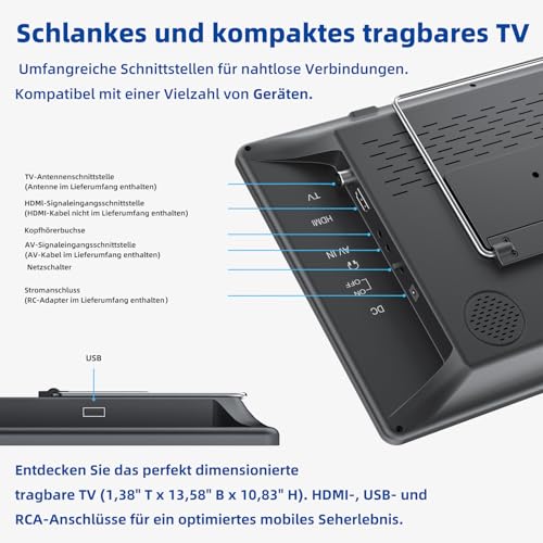 DESOBRY Tragbarer 14.3-Zoll-Fernseher mit Antenne, Kleiner tragbarer Fernseher mit DVB-T2 Tuner, Mini LCD-Fernseher, der mit Batterien aufgeladen Werden kann – Bild 3