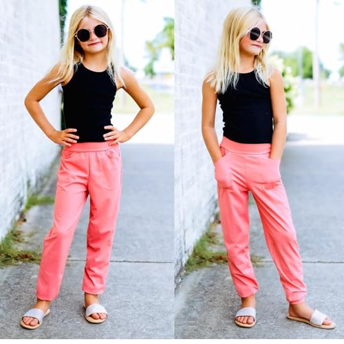 BIG ELEPHANT 3 Pack Girls Joggers with Pockets, High Waisted Kids Athletic Pants for Yoga Running4