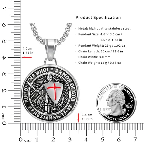 Armor of God Cross Pendant Necklace, Shield of Faith, Ephesians 6:16-17, Religious Amulet, Knights Templar Crusader, Stainless Steel 24" Chain4