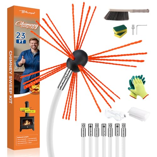 Bluesea Kit de barrido de chimenea de 23 pies, kit ergonómico de limpieza de chimenea, se extiende hasta 23 pies, limpiador de chimenea, herramientas de limpieza de chimenea, sistema de limpieza de