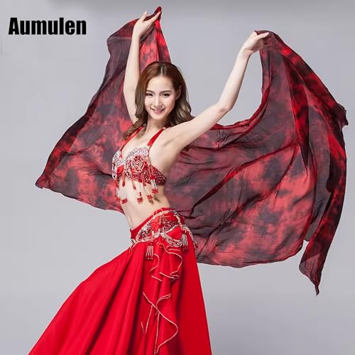 Aumulen Women Colorful Professional Belly Dance Silk Veils Hand Made Tie Dyed Scarf (Black red tie dyed)2