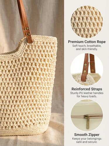 Image of TeeYee Boho Crochet Summer Handbag Handmade Cotton Rope Knit Shoulder Bags for Women Bohemia Tote for Travel