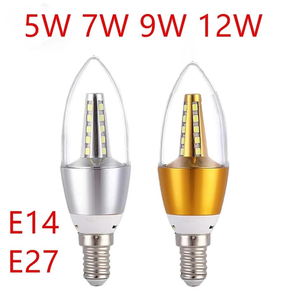 fengyan Casa Bombillas 10pcs AC220V LED Vela de Bulbo E14 5W 7W 9W 12W Lámpara de Bulbo de Aluminio de Oro Fresco cálido Blanco Bombillas lámparas Familiar Lámpara