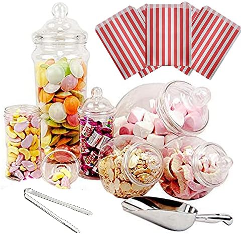 6 Jar Retro Pick & Mix Victorian Sweet Shop Candy Buffet Kit Party Pack with Scoop, Tongs & Bags - Pink Stripe