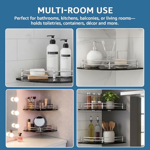 Image of Amazon Basics Glass Bathroom Corner Shelf with Stainless Steel Railings | Pack of 3 | Black | 9x9 Inch | Rust-Resistant Space-Saving Storage | 23D x 23W x 6H cm