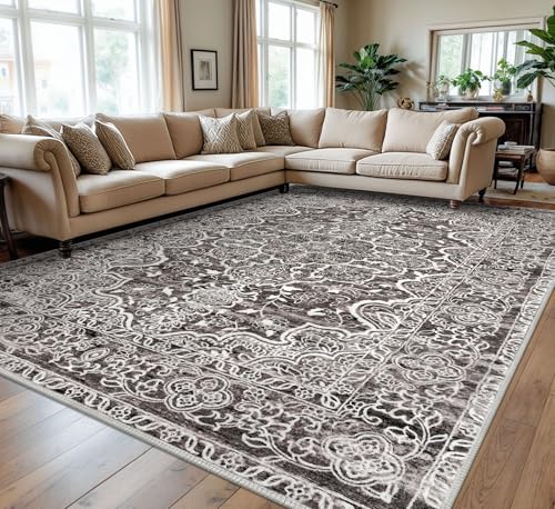 KUTA Tan Area Rugs 9x12 Living Room, Vintage Washable Large Rug for Bedroom 9ft x 12ft Non-Slip, Ultra Soft Printed Traditional Floral Medallion Low-Pile Wool Dining Room Carpet
