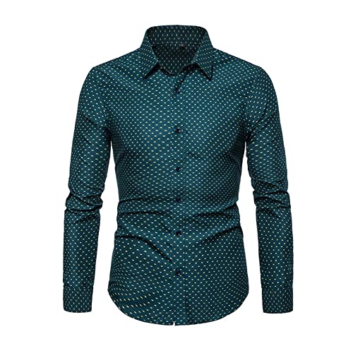Hombre Camiseta de Manga Larga Casual Formales Clásico con Botones Camisas de Vestir Cuello de Manga Ropa Camisas Vestir Slim Camisa de Popelina T-Shirt Golf Camisa de Lunares Verde L