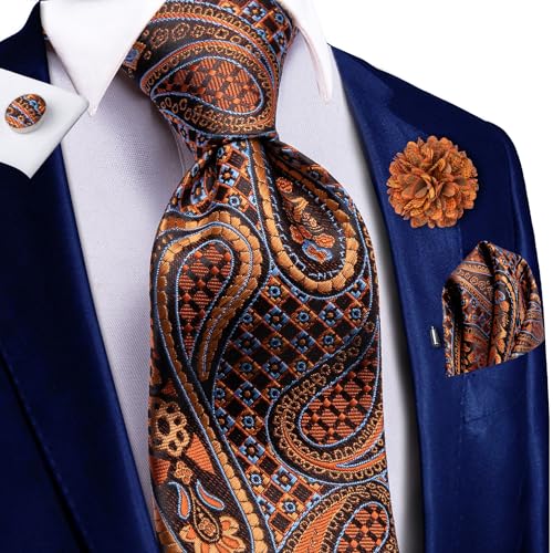 Image of Hi-Tie Men Silk Ties Set with Flower Lapel Pin Necktie Pocket Square Cufflinks for Tuxedo Wedding Business