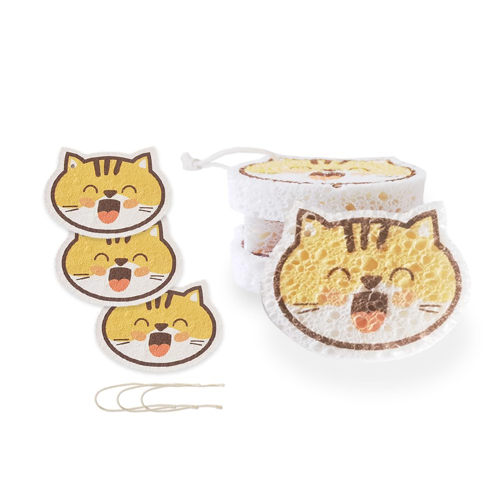 Lot de 3 éponges à récurer pour cuisine (7,5 x 9,8 cm, chat souriant)