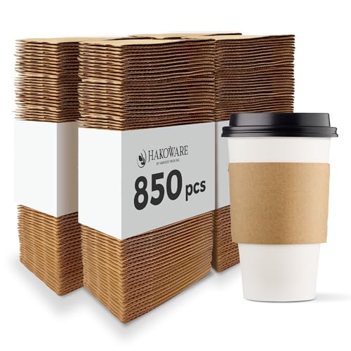 [850 COUNT]Harvest Pack Coffee Sleeves, Disposable Corrugated Brown Kraft Durable Coffee Cup Sleeves, Fits 12-24 oz Cups, Recyclable Cup Sleeve Holder, Hand Protector for Hot & Cold Drinks