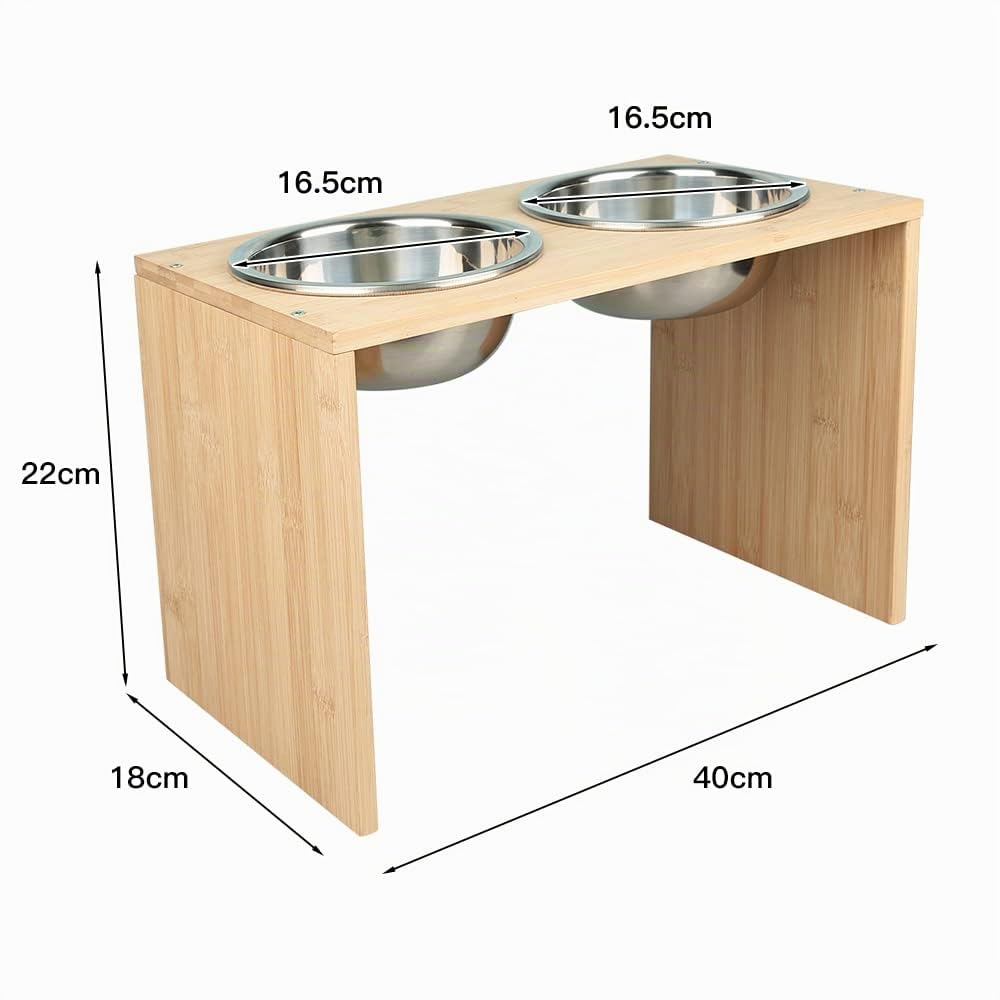Gamelles surélevées - pour Chiens et Chats - Supports surélevés en Bambou avec 2 gamelles d'eau et de Nourriture en Acier Inoxydable - avec Pieds antidérapants (Deux Bols (Bois Naturel))