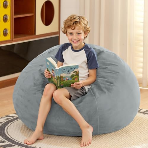 Image of HABUTWAY 2FT Bean Bag Chair, 2' Beanbags Small Bean Bag Chairs with Filling, Teardrop Bean Bag Chair Luxurious Velvet Ultra Soft Fur with Removable Cover(Light Grey)