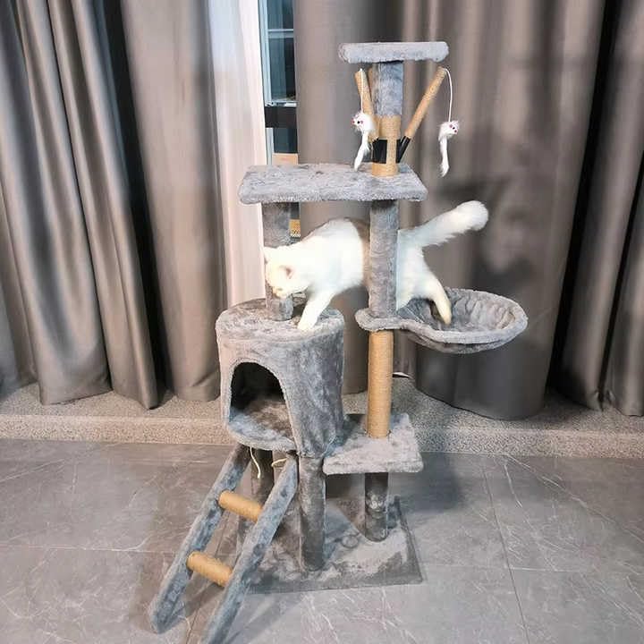 Deluxe Multi-Level Cat Tree Tower, Gray Plush, with Sisal Scratching Posts, Condo House, Perches, Hanging Toys for Indoor Cats