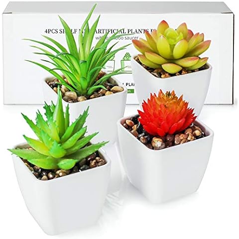 TJ.MOREE Artificial Plants Cute Green Succulents Mini Size, With Bamboo Tray, Perfect for Living Room Bedroom Bookshelf Office Decoration, Set of 4 Cover