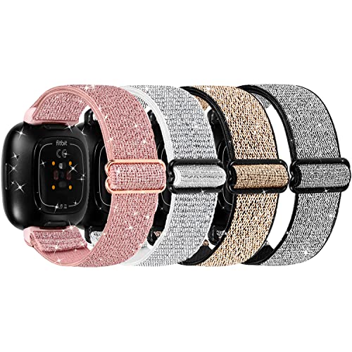 4 Pack Adjustable Nylon Band Only Compatible with Fitbit Sense/Versa 3, Shiny Soft Breathable Single Loop Elastic Replacement Band