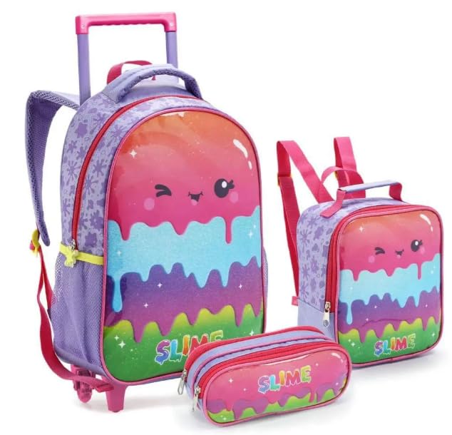 Kit Mochila Escolar Feminina Infantil Lancheira Térmica Estojo Slime