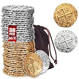 ZUCOS Accessoires de pièces de monnaie pirates   En métal doré   Dublons pour jeux de société DND   Cosplay réaliste médiévale   Imitation d'argent   Trésor de pirate (or et argent, 36 pièces, grand)