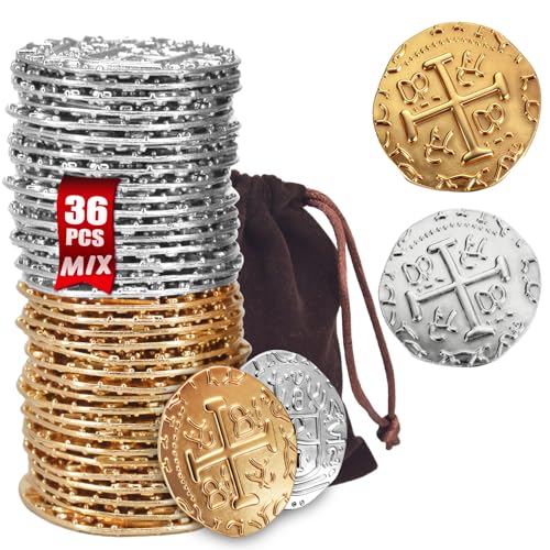 QPCOS Large Metal Pirate Coins –Gold Treasure Coin Set, Metal Replica Spanish Doubloons for Board Games, Tokens, Toys, Cosplay – Realistic Money Imitation for Treasure Chest (Gold and Silver 36 PCS)