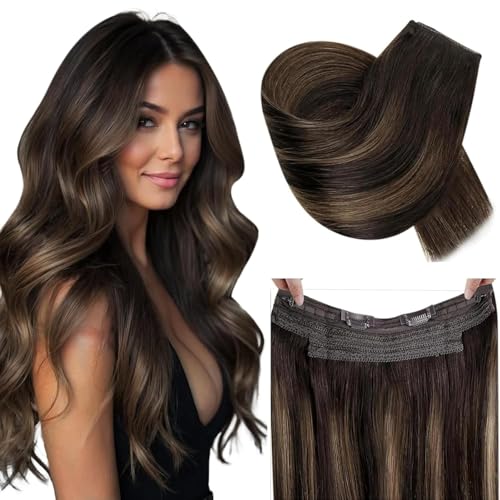 RUNATURE Invisible Wire Hair Extensions Real Human Hair Ombre Brown Secret wire Hair Extensions Real Human Hair Balayage Brown One Piece Hair 12 Inch 70g #2/2/6
