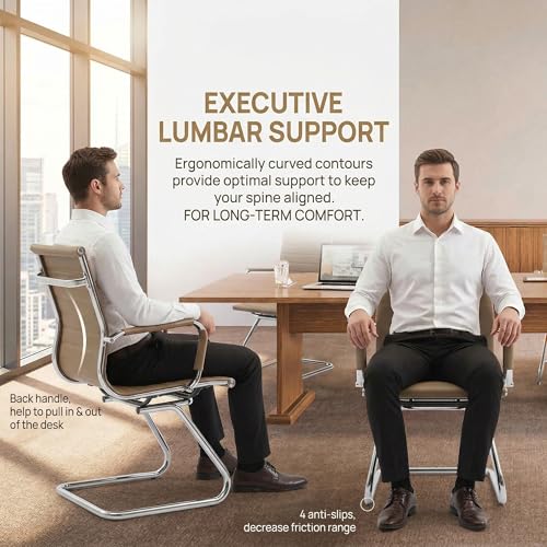 Image of Office Desk Chair No Wheels Set of 4 PU Leather Computer Chairs Mid Back Guest Chairs for School Reception Conference Waiting Room, Light Brown