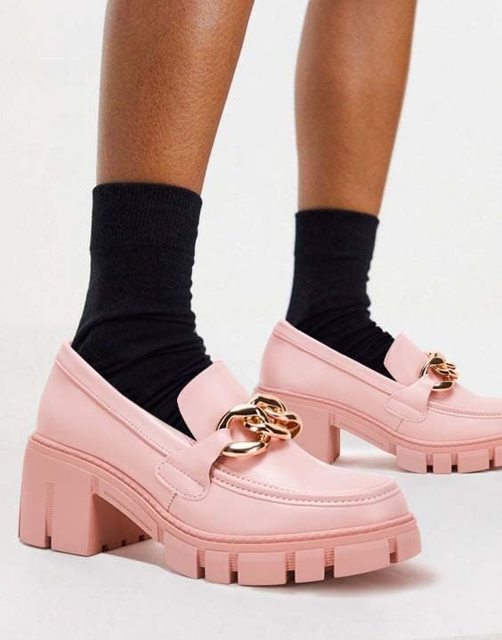 TINSTREE Platform Loafers for Women with Chain Comfort Chunky Heel Slip On Round Toe Business Work Shoes