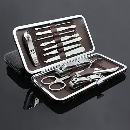 MONOJOY 12pcs Manicure Pedicure Set Nail care Personal Manicure & Pedicure Kit, Travel & Grooming Kit Ear pick Nail-Clippers Tool Set with Leather Case Brown
