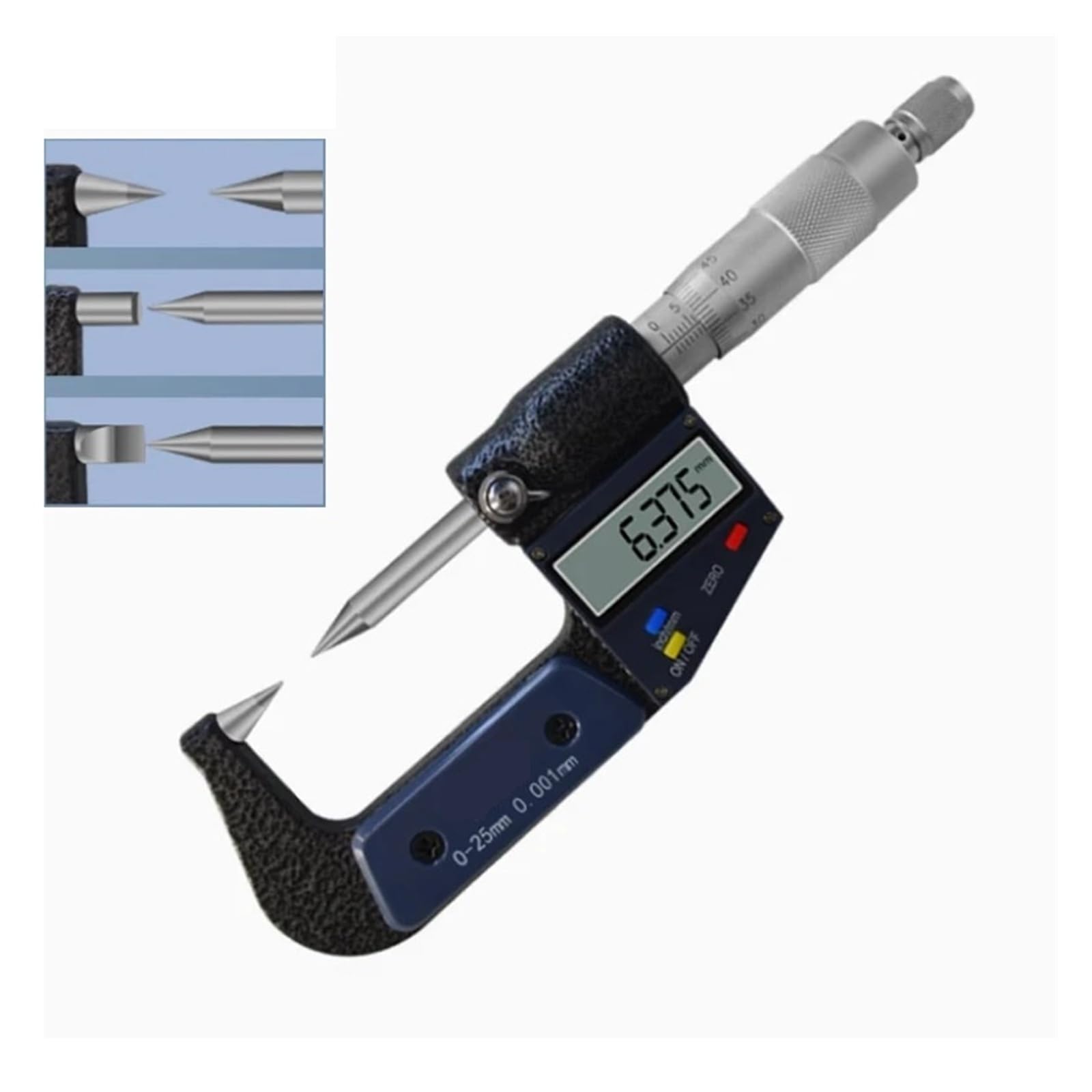 Mikrometr cyfrowy 0-25 mm z płaską głowicą i podwójnym grotem, 60 stopni i 30 stopni Niski błąd(Round)